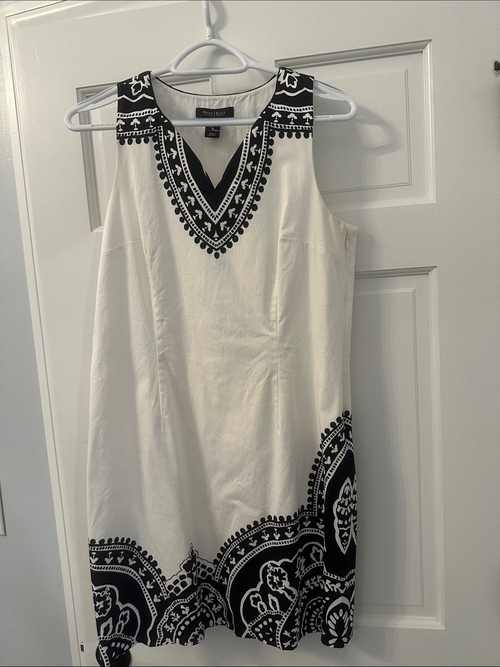 White House Black Market White Midi Dress with Black Trim